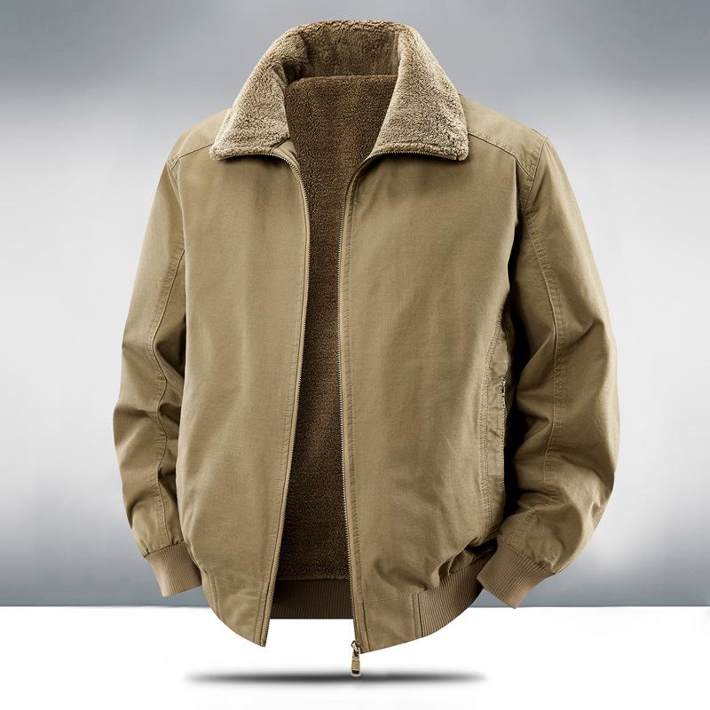 Men's Winter Plus Velvet Warm Cotton Workwear Jacket with Lapel for Cold Protection