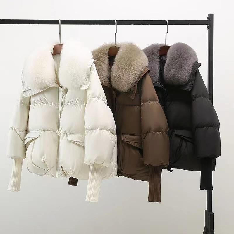 Winter Pelz Kragen Puffer Unten Parka Lose Unten Wärmer Verdicken Schnee Jacke Tasche Zipper Faux Pelz Oberbekleidung Weibliche