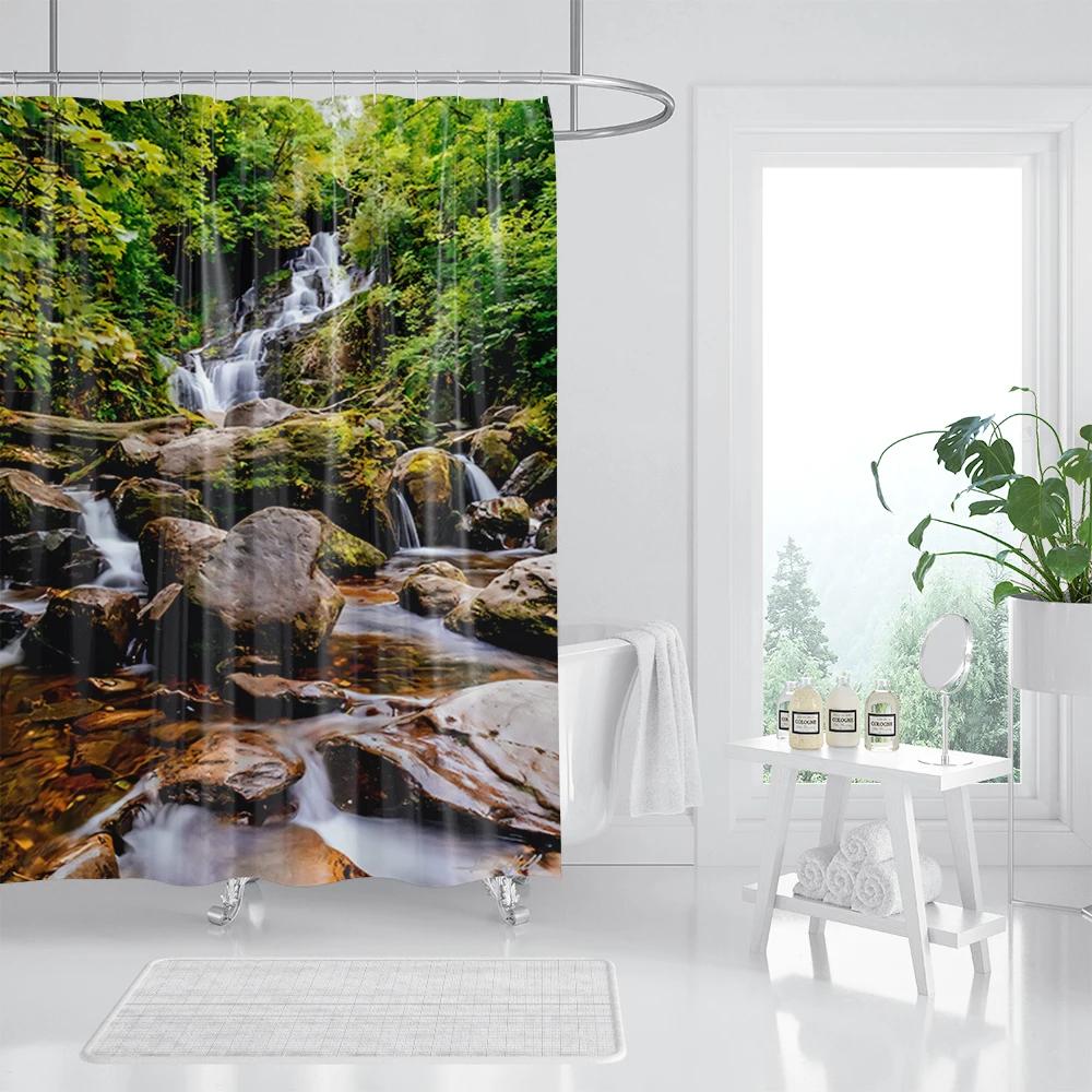 Forest Waterfall Shower Curtain Tropical Rainforest Palm Jungle Tree Green Leaves Plants Scenery Bathroom Decor Set With Hooks