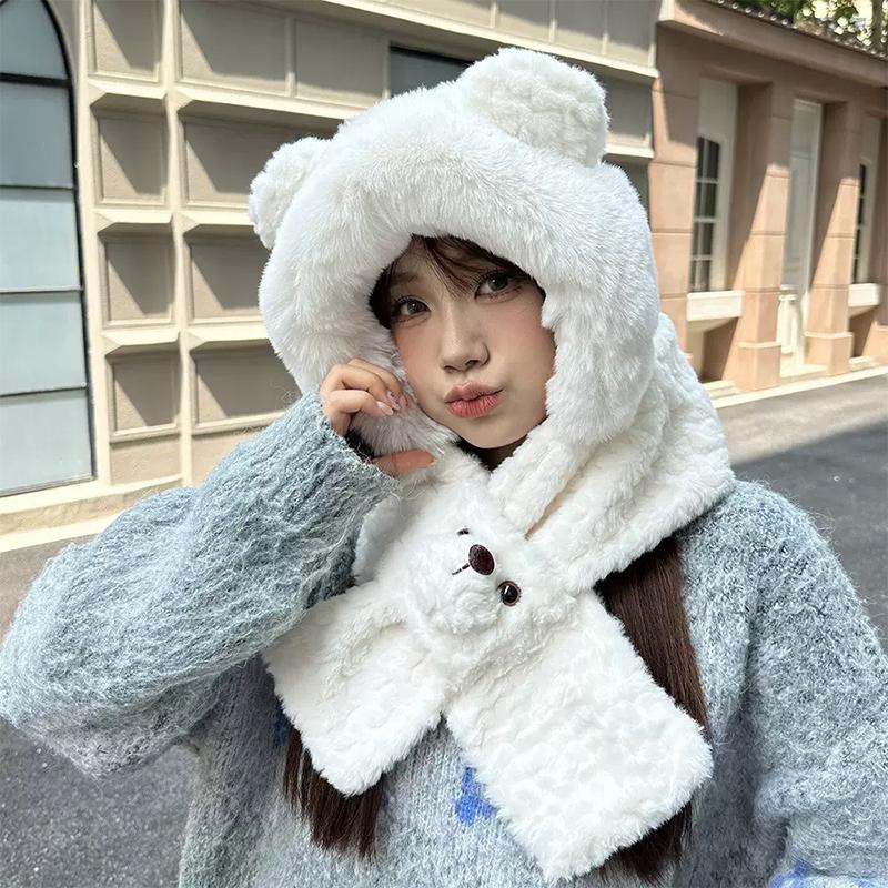 

Cute Plush Bear Ear Hat Winter Integrated Cap Scarf Windproof Thickened Beanie Hat Scarf Casual Outdoor Warm Scarf Set білий