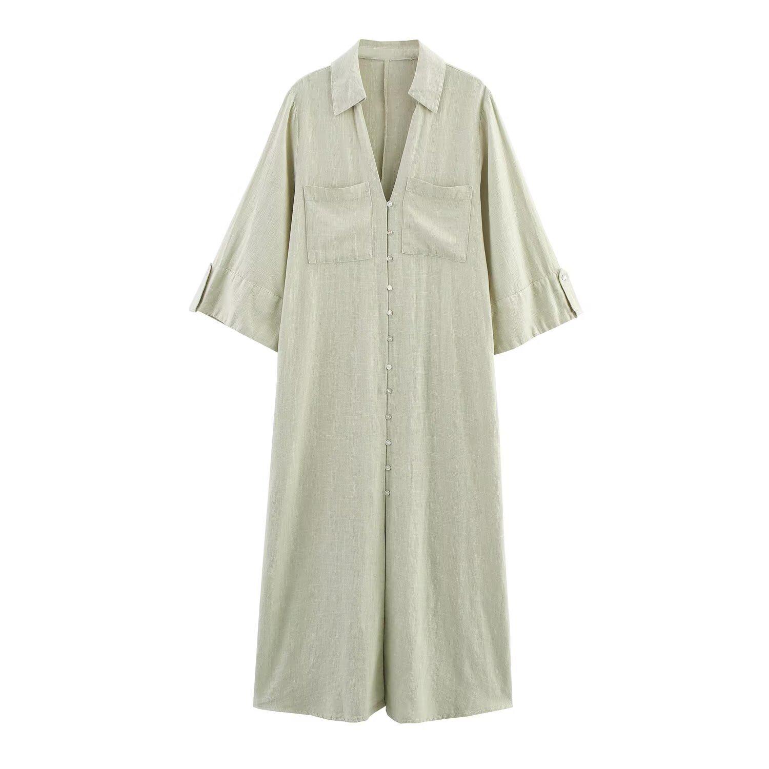 

Женская мода лето 2025: Льняное платье-рубашка в европейском и американском стиле L светло-зеленый