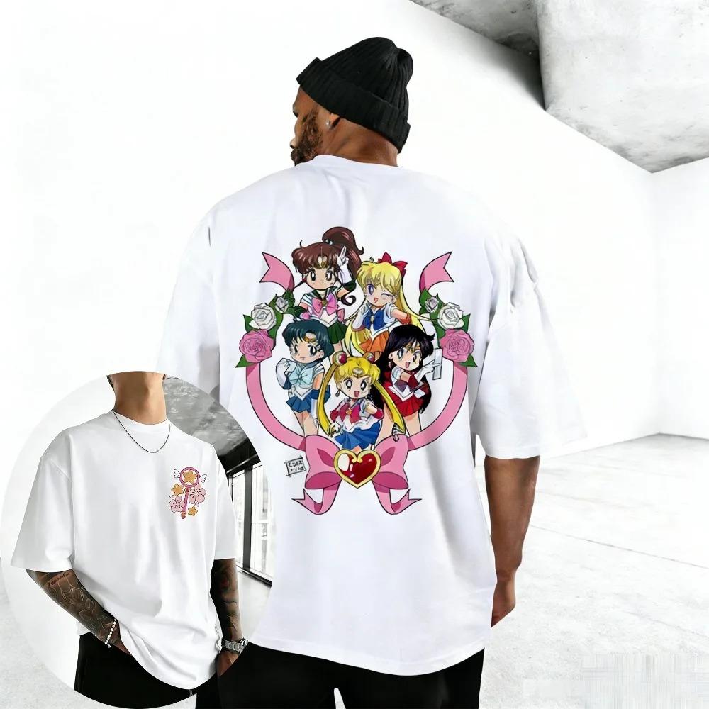 Stylish Cute Vintage Oversized White Sailor Moon Inner Senshi Anime Print Cotton Casual Short-Sleeve T-Shirt 4XL