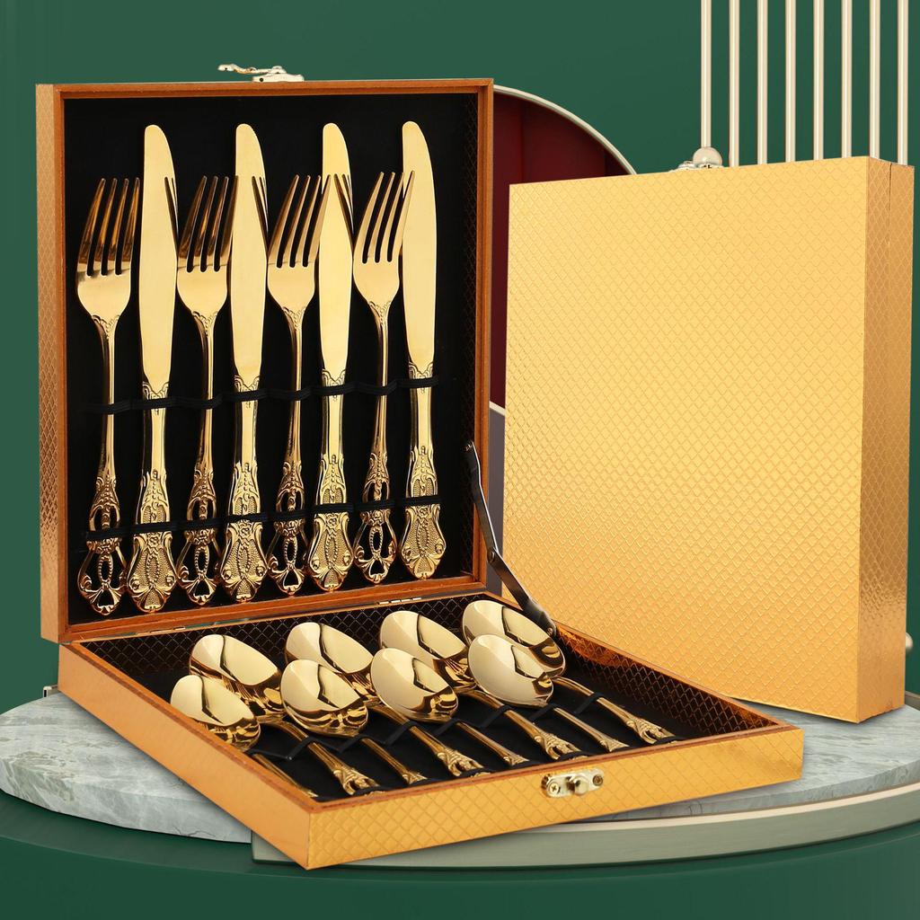 V Royal Court 24-Piece European Stainless Steel Cutlery Set: Knife, Fork & Spoon in Gift Box for Hotel Dining