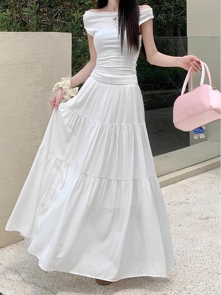 Plus Size Autumn White Pleated Midi Skirt for Women