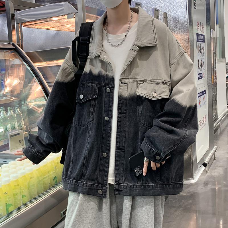 Men's Autumn Retro Gradient Color Denim Jacket - Loose Fit, Korean & Hong Kong Style, Unisex Color Block Design