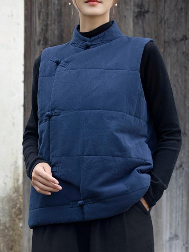 

Johnature женские винтажные льняные плюс хлопковые жилеты, пальто, однотонная теплая одежда на пуговицах, осенние женские жилеты в китайском стиле One Size темно-синий