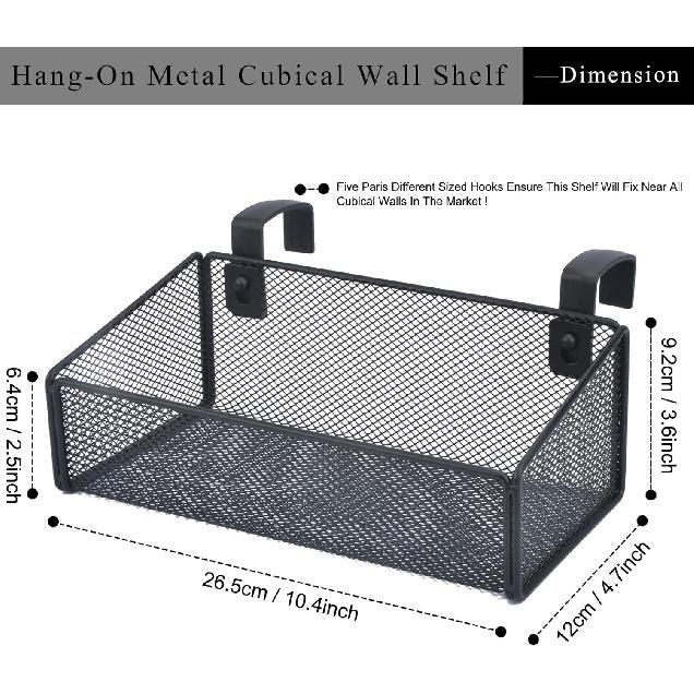 Hanging Floating Shelves - Metal Mesh Cubicle Storage Organizer with 5 Plastic Hangers (Black)