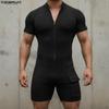 INCERUN Men Short Sleeve Zip-up Rib Jumpsuits Rompers Underwear