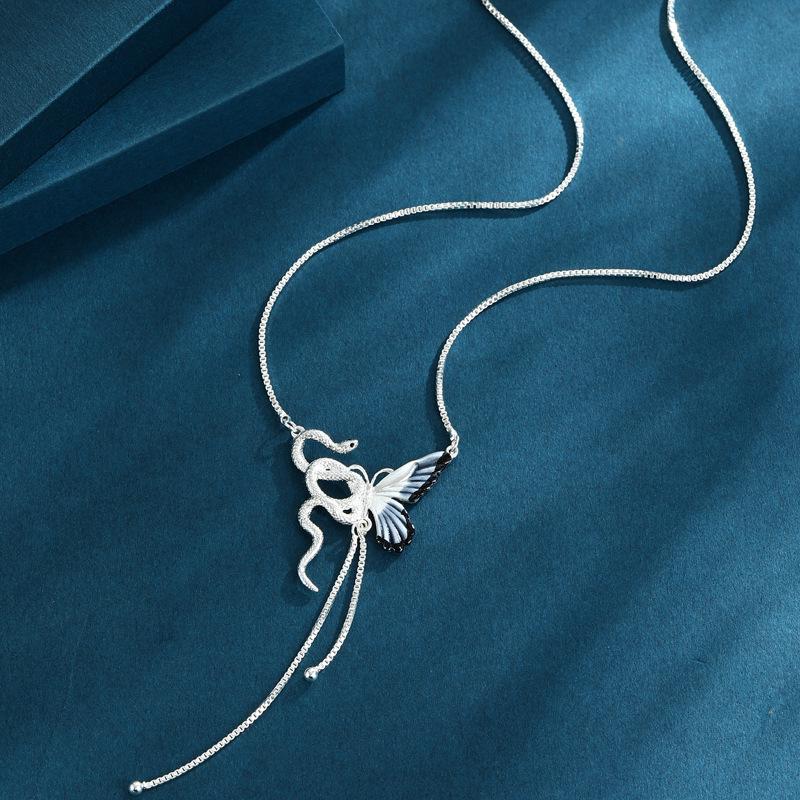 Blue 3-Color Butterfly Tassel Necklace: Versatile Cool Clavicle Chain Choker for Autumn Winter