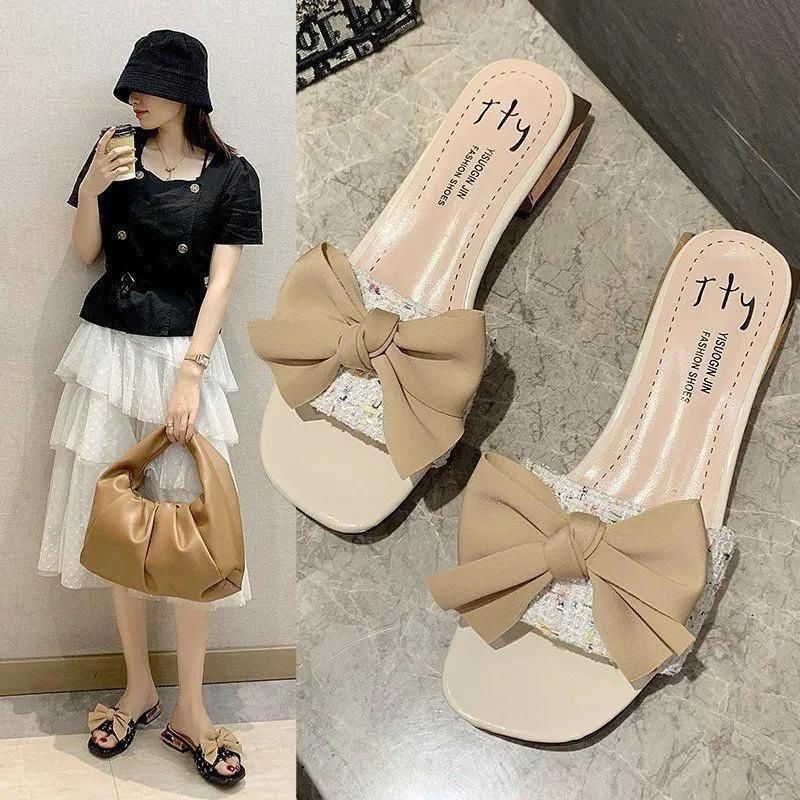 2025 New Low-heeled Cool Slippers Women Wear Bows Internet Celebrities Thick Heel Summer One-word Drag Fashion Versatile Sandals