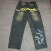 RogueWave European and American Retro High Street Hip-hop Oldschool Skull Embroidery Loose Casual Stylish Jeans Trousers