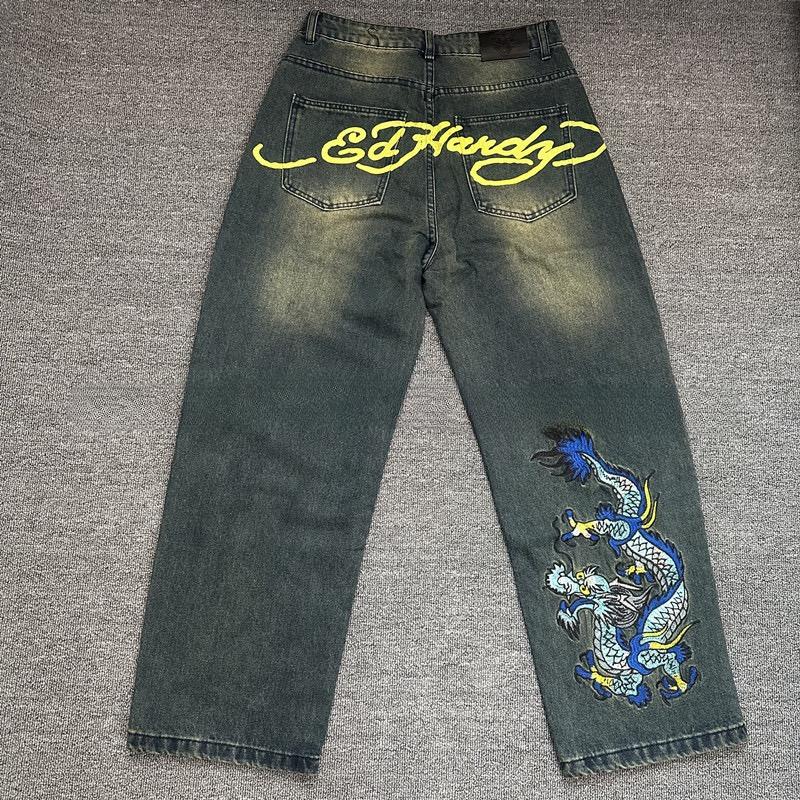 RogueWave European and American Retro High Street Hip-hop Oldschool Skull Embroidery Loose Casual Stylish Jeans Trousers
