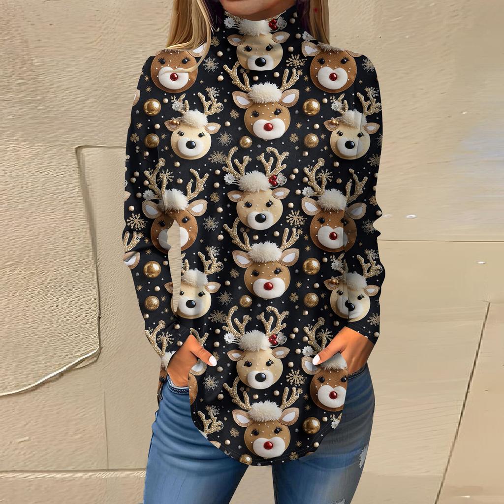 Damen Herbst Casual Langarmshirts Sweatshirt Vintage Bedrucktes High Neck Top Pullover