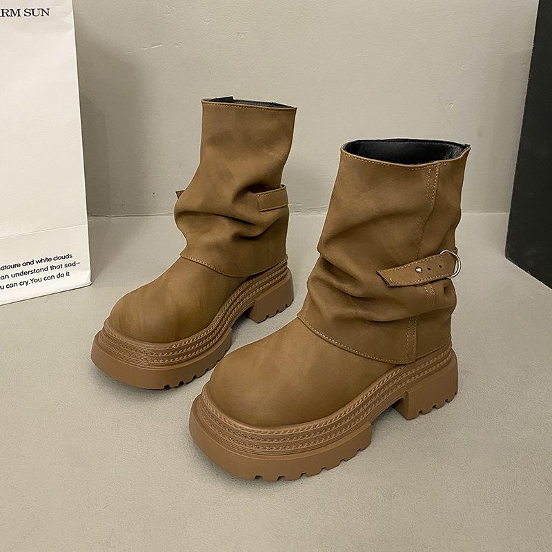 

2025 Американский британский стиль осень и зима новые на платформе ретро ботинки Мартин женские короткие ботинки на толстой подошве плиссированные рыже-коричневые 40