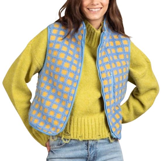 

Женский жилет, куртка с воротником-стойкой, контрастный цвет, без рукавов, клетчатый узор, кардиган, жилет M небесно-голубой