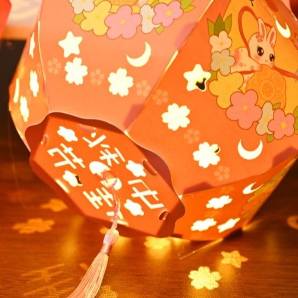 Cartoon Rabbit Mid-Autumn Festival Lantern Handheld Six-Sided DIY Craft Kit Lantern Paper Luminous Design LED Lantern Party