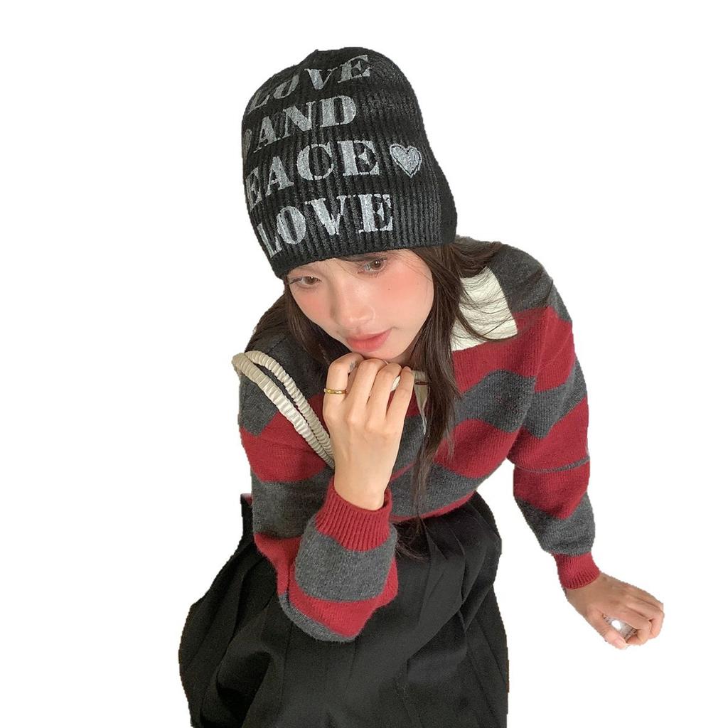 Letter Knitted Headgear Women's Autumn and Winter Versatile Face Small Wool Hat Fashion Big Head Circumference Warm Cold Hat
