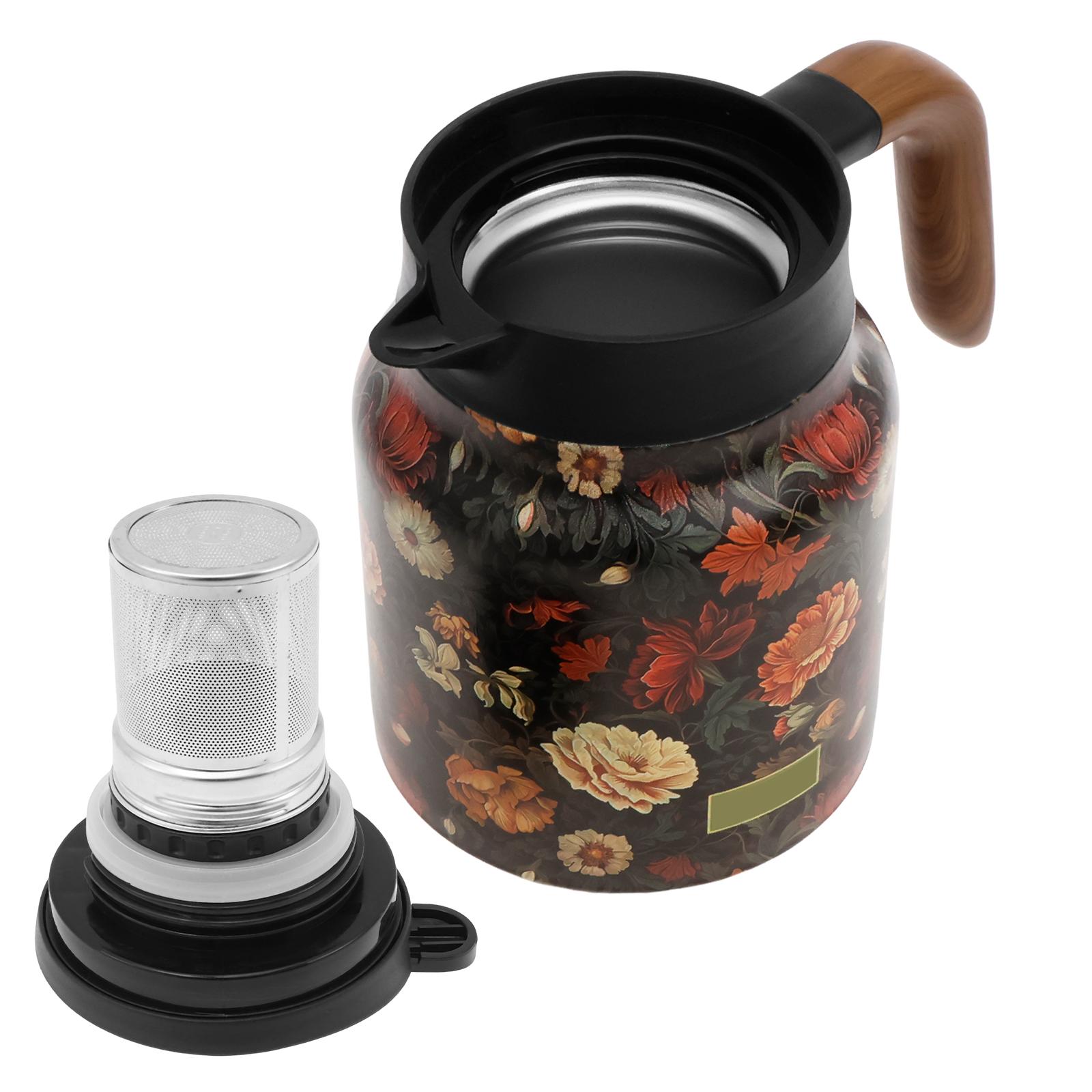 

Термочайник с ручкой, встроенным заварником, из нержавеющей стали, с изоляцией, чайник с цветочным узором, изолированный заварочный чайник для дома чёрный