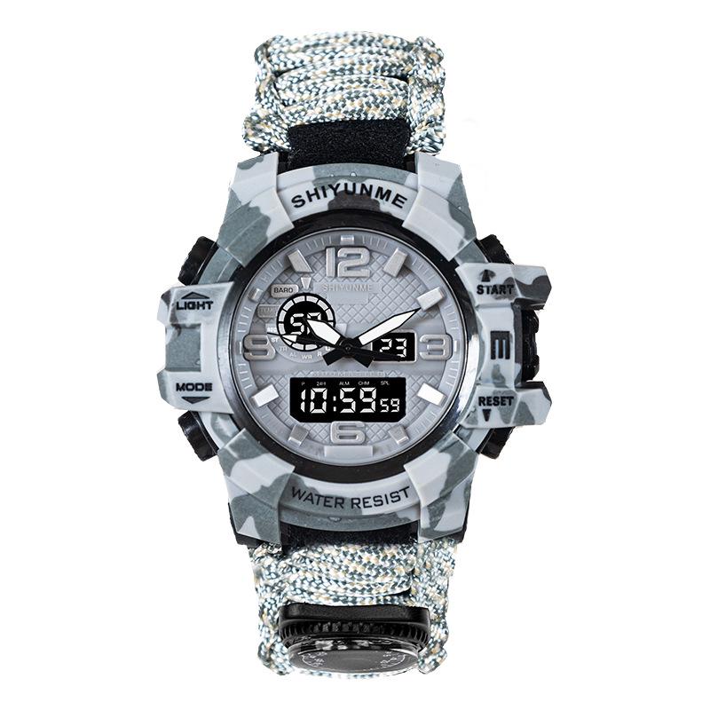 Men's Outdoor Survival Watch with Dual Display, Life-Saving Rope, Fire Starter, Whistle, and Compass