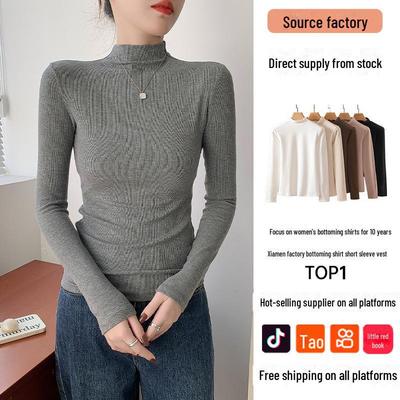 Women's Ribbed Half-High Collar Long-Sleeve Knitted Shirt for Autumn & Winter