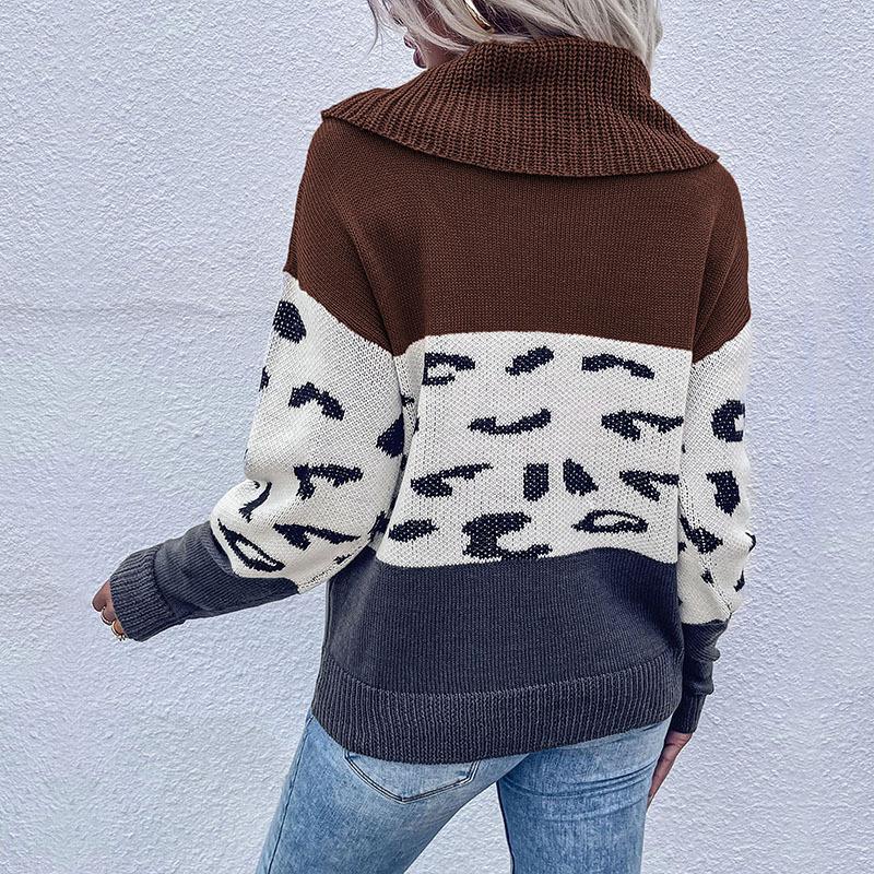 Vintage Fashion Elegant Casual Autumn and Winter Women's Leopard Print Color Collision Long-sleeved Pullover Sweater Women
