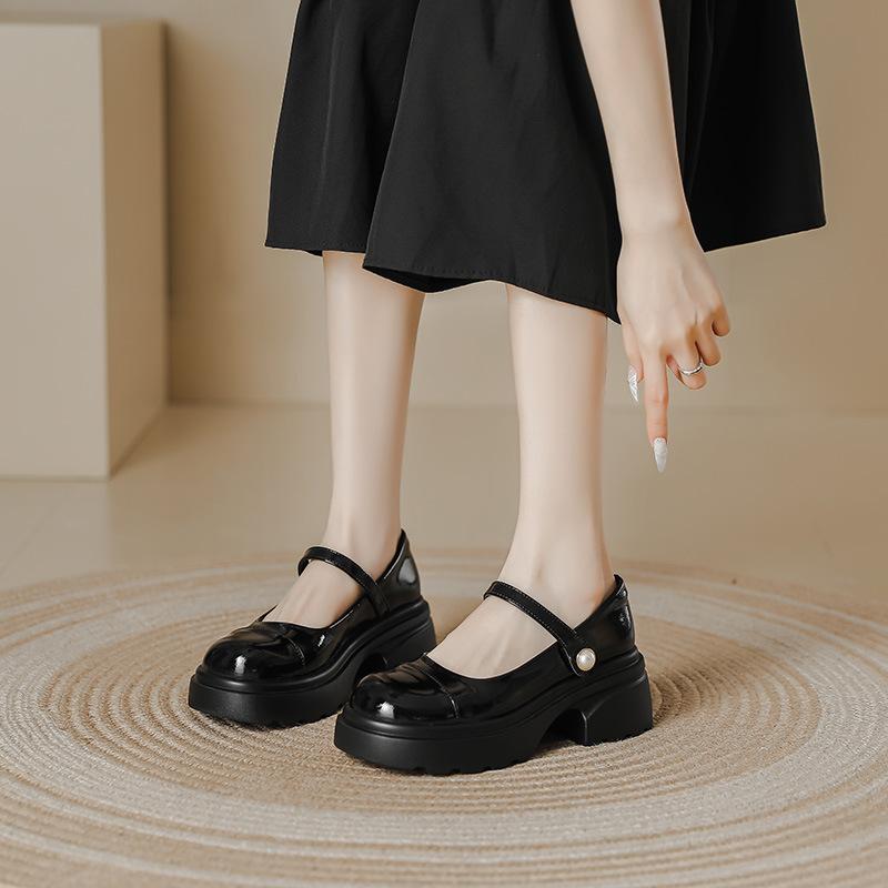 Silver Mary Jane Shoes Women's Pearl One-word Thick-soled Light-mouth Single Shoes Women's Small Fragrant Wind Round Head Thick Heel Jk Shoes