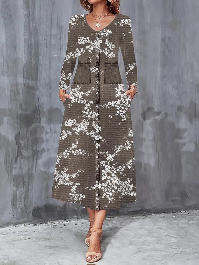 2025 Herbst und Winter Neue Damen Casual Mode Kleid Herbst 3D Blumenmuster Langarm V-Ausschnitt A-Linien Kleider