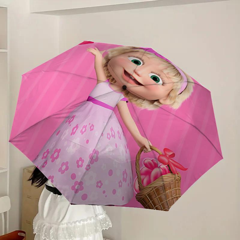 1 pièce Parapluie Pliant Automatique Masha et l'Ours, Conception Pliable Portable, Accessoire Extérieur Décontracté L1127109