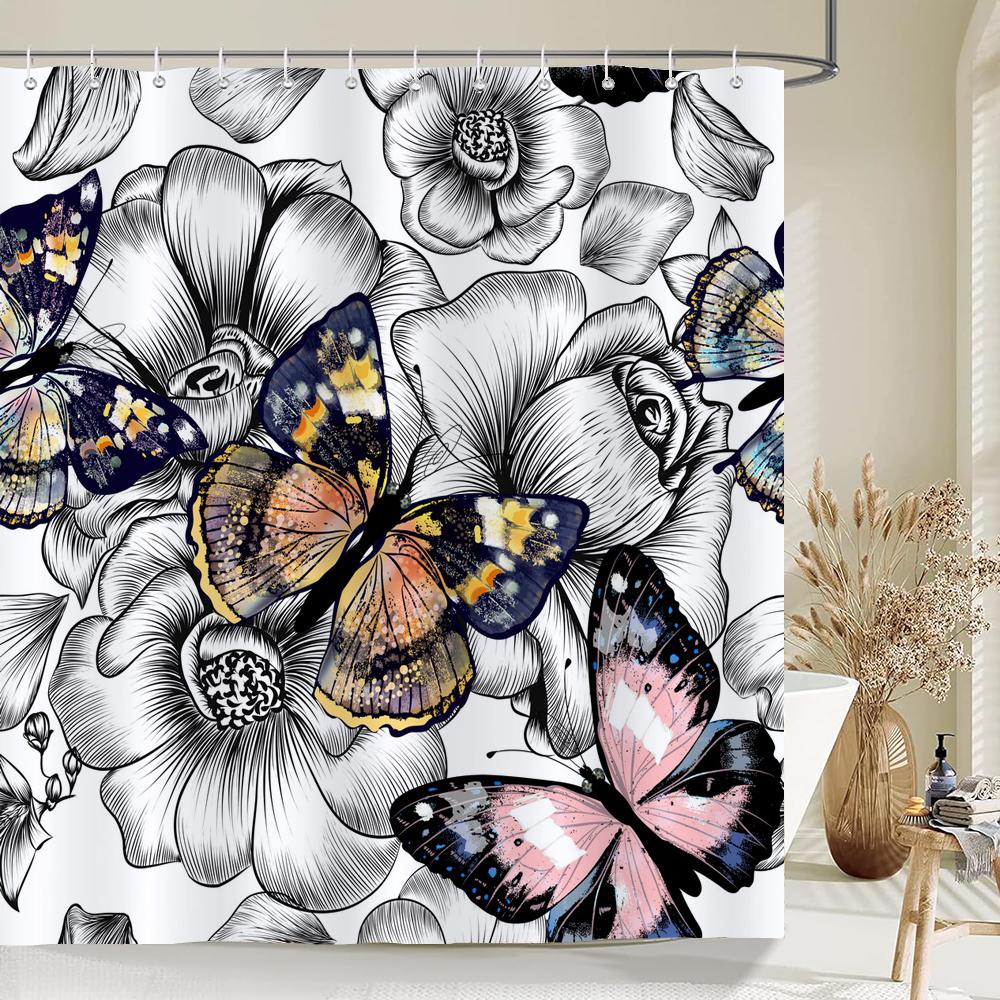 Nordic Style Flower Leaf Plant Printed Fabric Shower Curtains Floral Bath Screen Waterproof Products Bathroom Decor With Hooks