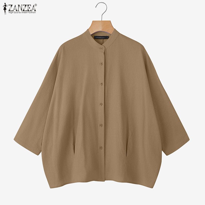 ZANZEA Women Casual Round Neck Solid Color Loose Long Sleeve Cotton Blouse