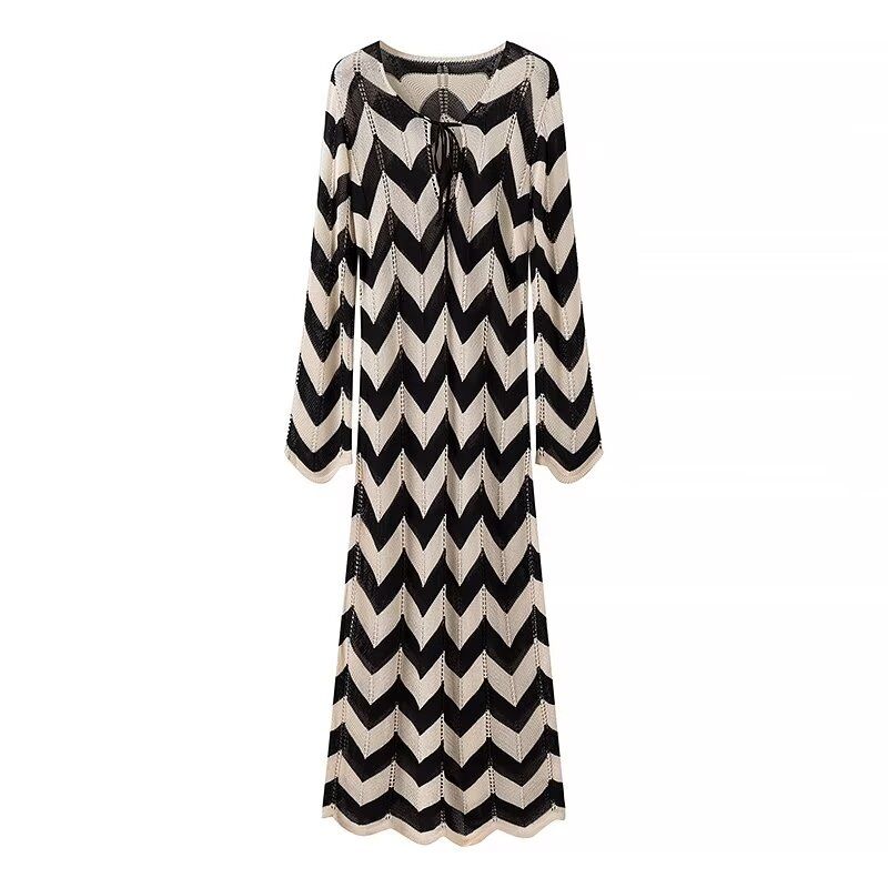 

Kaslead New Arrival Women s Clothing Fashion Style Fashion Slim-Fitting Simple Wave Stripes Knitted Long-Sleeved Dress Picture Color L