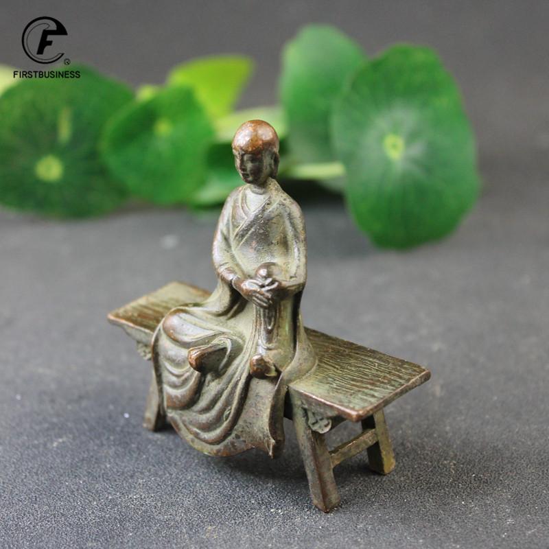 Antique Copper Bench Bodhisattva King Tipitaka Statue Desktop Ornament Buddha Figurine Lucky Feng Shui Home Decoration Crafts