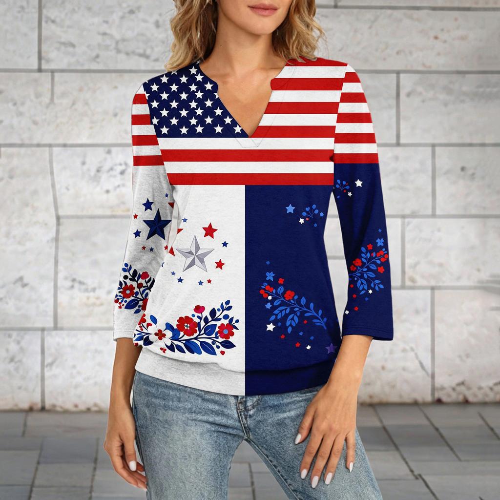 Women's 3/4 Sleeve Neck Hem V-Neck Summer Casual Base Top Independence Day Printed Top