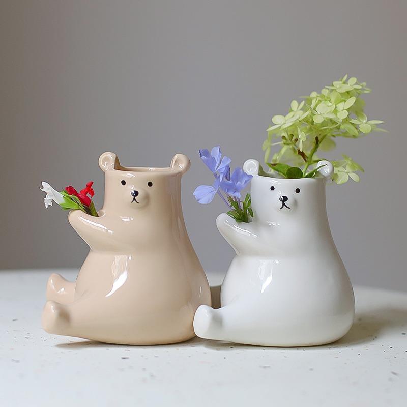 Cute Ceramic Bear Vase Hydroponic Vase Desktop Ornament Home Decor Garden Decoration