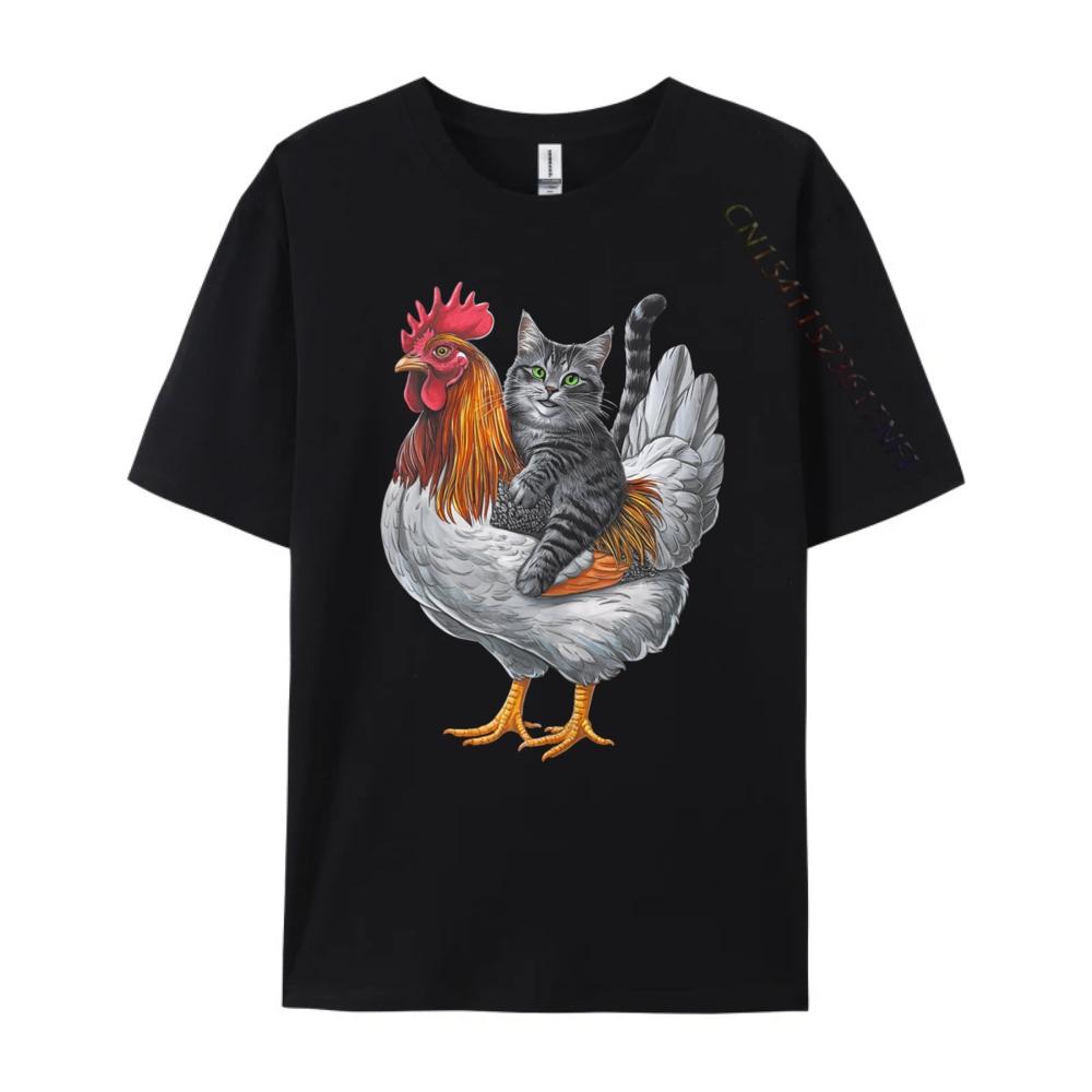 Cat Riding Chicken Tuxedo Cat On A Chicken Printed T-Shirt Graphic T Shirts Letter