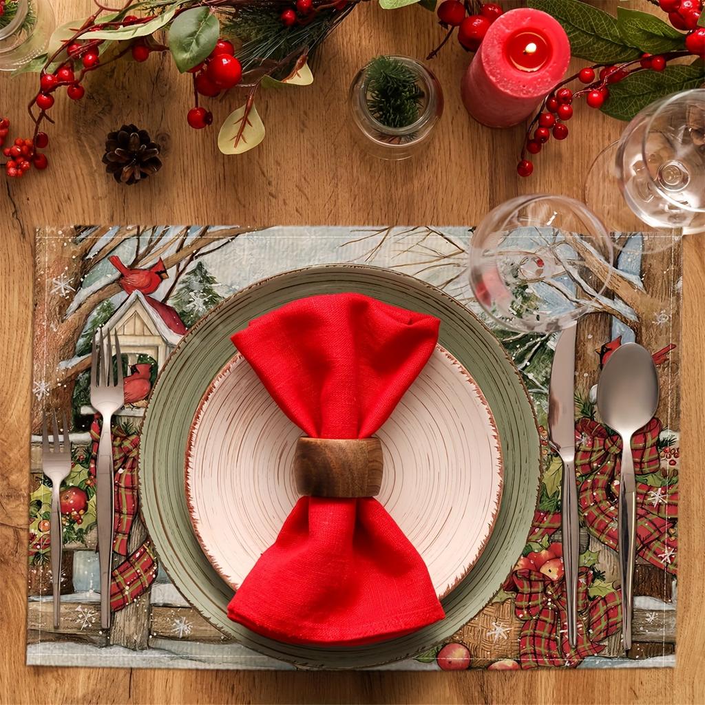 4pcs Festive Red Cardinal Bird Trees Print Woven Linen Rectangle Placemats Durable Hand Washable Heat Resistant