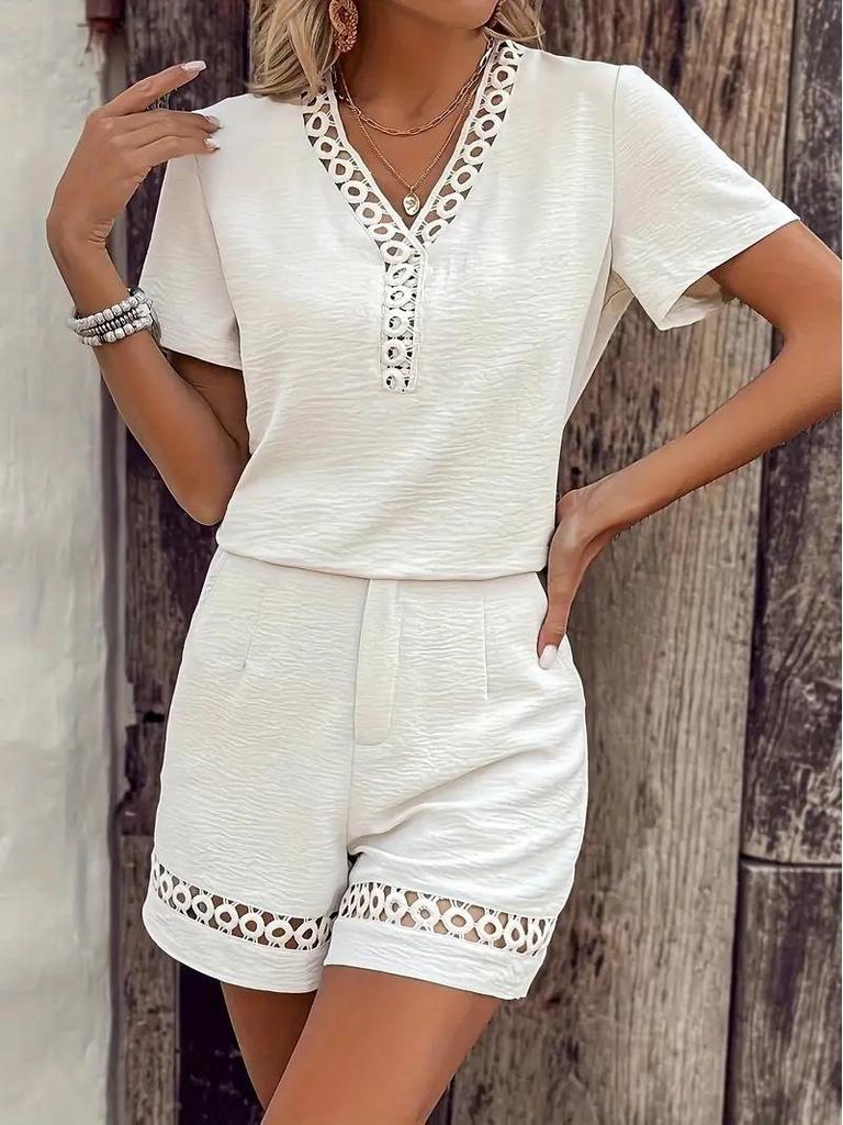 Spring/Summer 2025 Women's V-neck Patchwork Solid Color Shorts Set