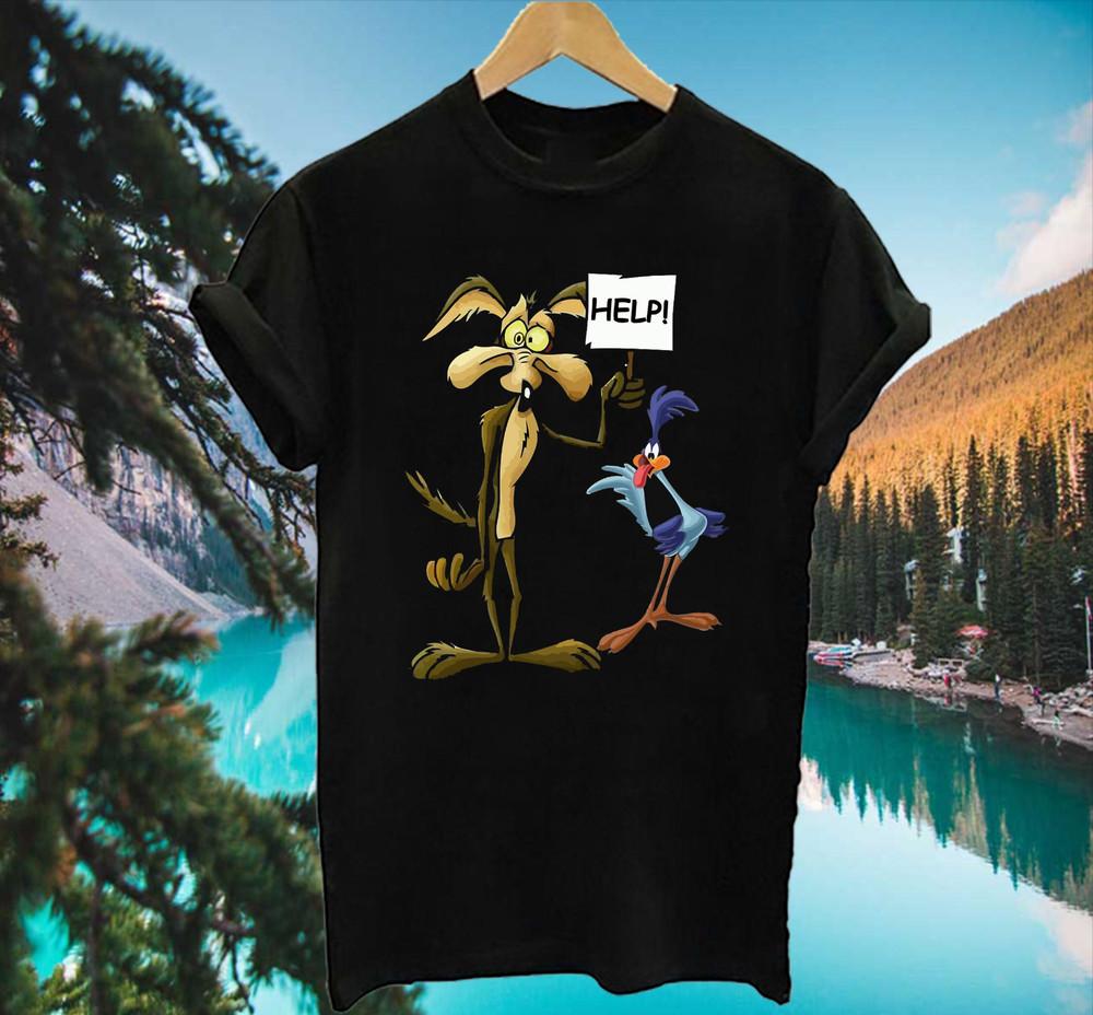 

Funny Wile E Coyote and the Road Runner Help T Shirt S-5XL Black Unisex T-Shirt XXXL