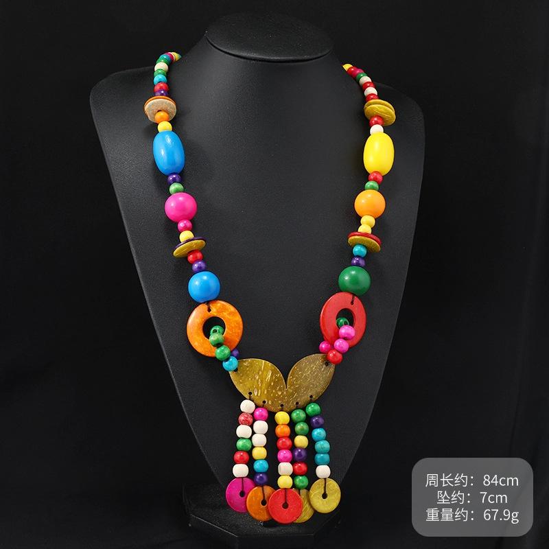 Bohemian Colored Coconut Shell Necklace Holiday Style Long Wooden Handmade Sweater Chain Women's Accessories