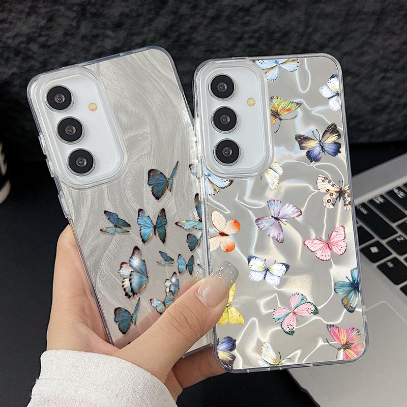 Butterfly Pattern Feather Sparkling Phone Case For Samsung S25 Ultra S24 FE S23 A56 A36 A16 A55 TPU Soft Edge Slim Shockproof Hard PC Bumper Cover