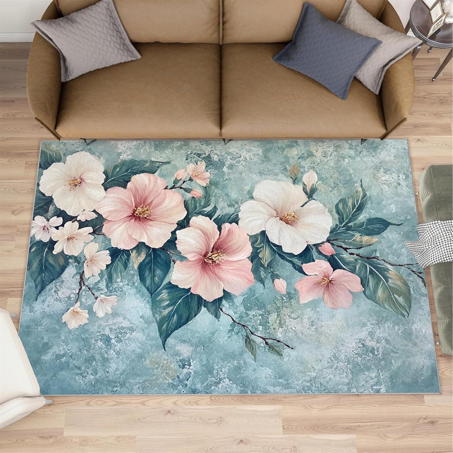 

Nordic Style Lotus Pattern Carpet Colorful Succulent Plant Illustration Non-Slip Rug Home Decor Mat for Living Room Bedroom 50x80cm