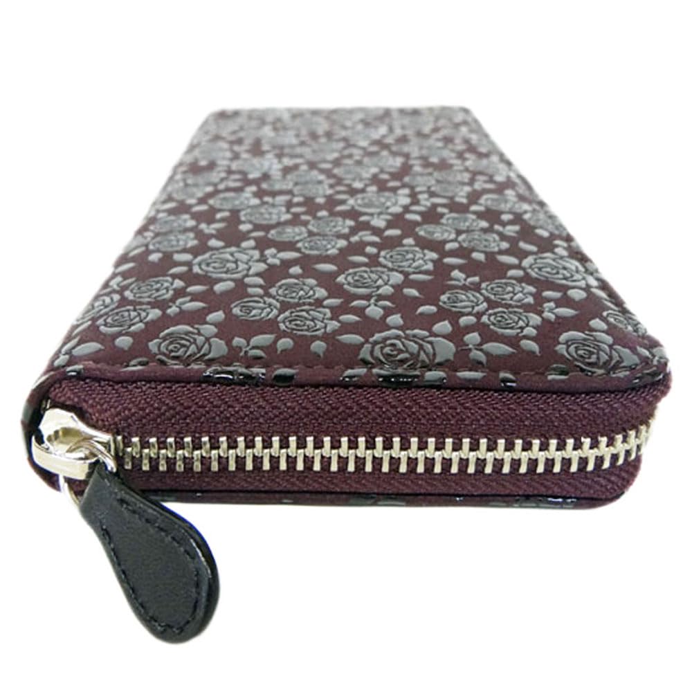 [Inden-ya] Inden 2317 Purse F, Purple Deerskin with Black Lacquer, Rose Petite Pattern, 10cm X 19cm X 2cm, Round Zipper Long Wallet