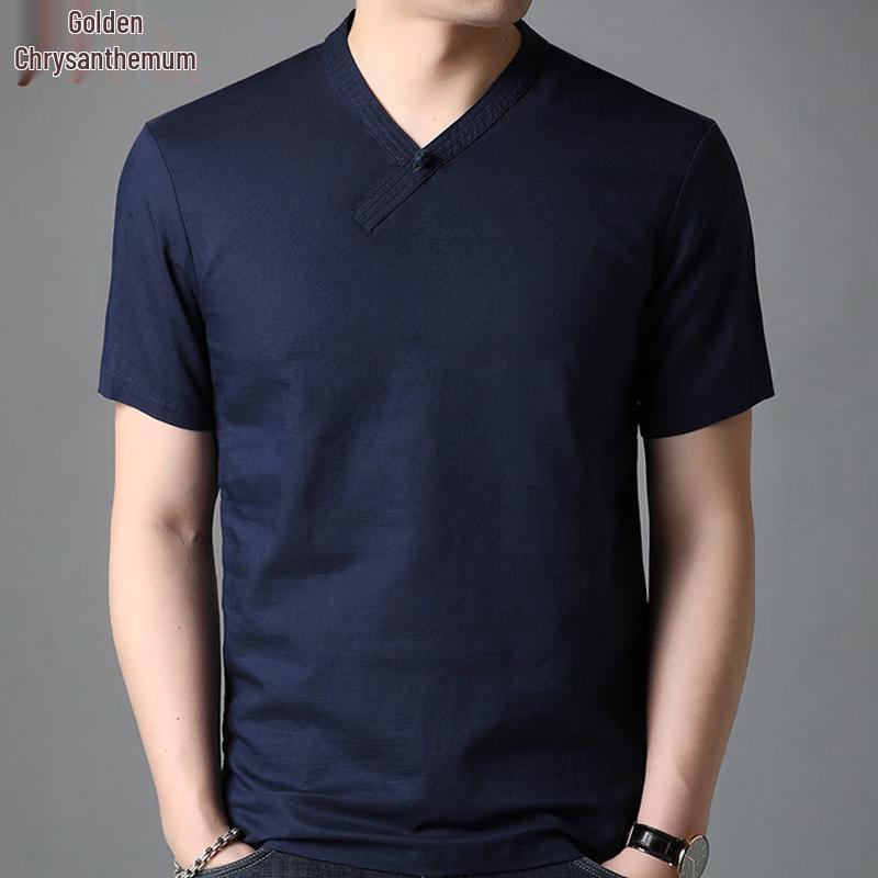 Jinjv Men's V-Neck Linen Blend Short Sleeve T-Shirt