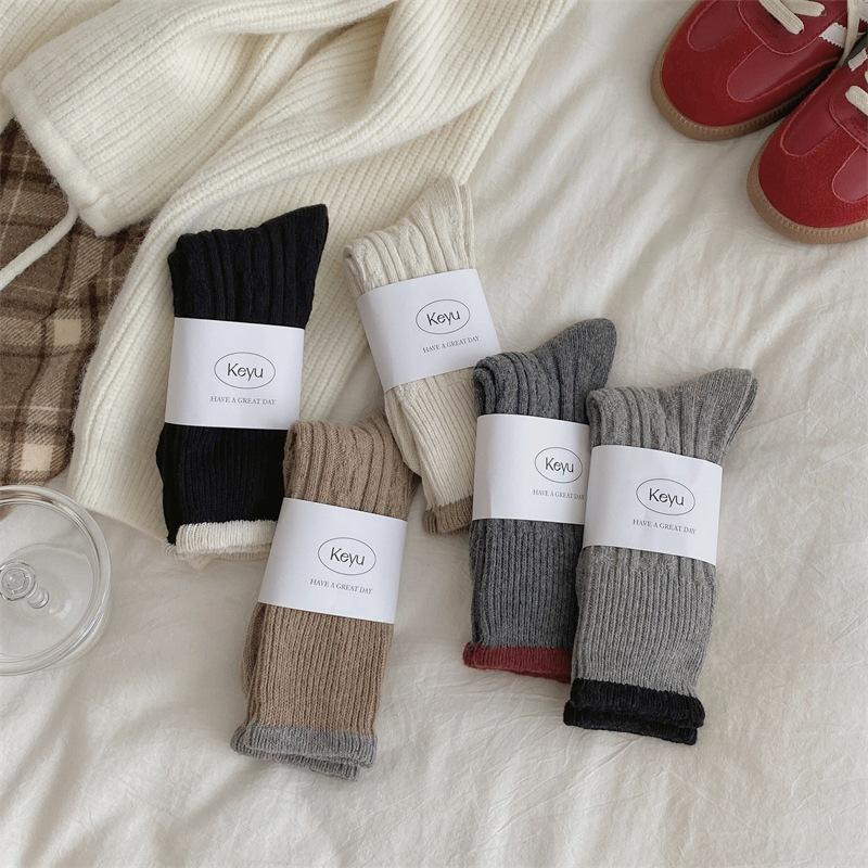 Autumn and Winter Color-blocking Socks, Women's Mid-calf Socks, Thickened Wool Socks, Warm and Retro Pile Socks