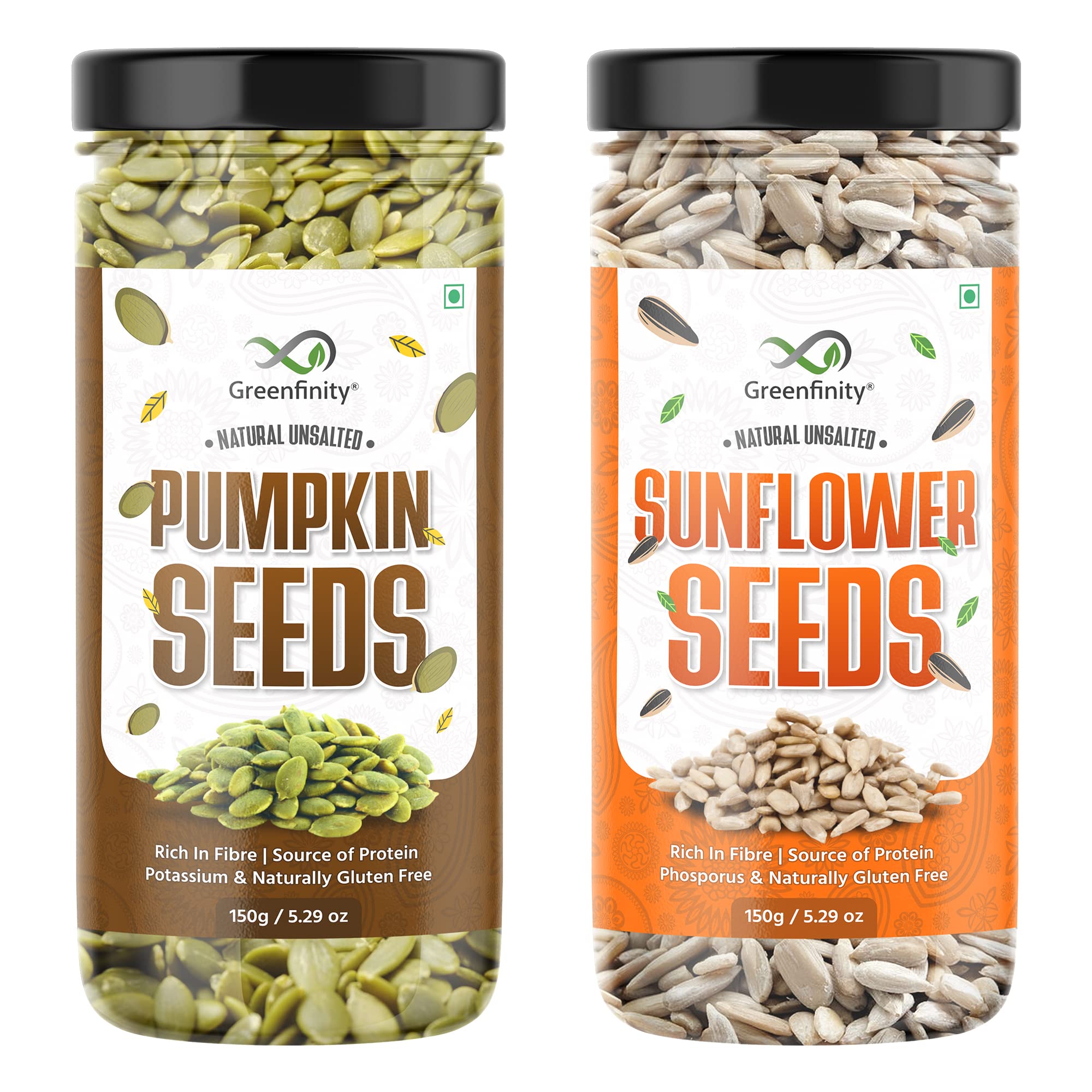 GreenFinity Healthy Seeds Combo Pack- Pumpkin and Sunflower Seeds | Rich in Omega 3, Fiber, Antioxidant | Healthy Snacks for Salad, Smoothies, We