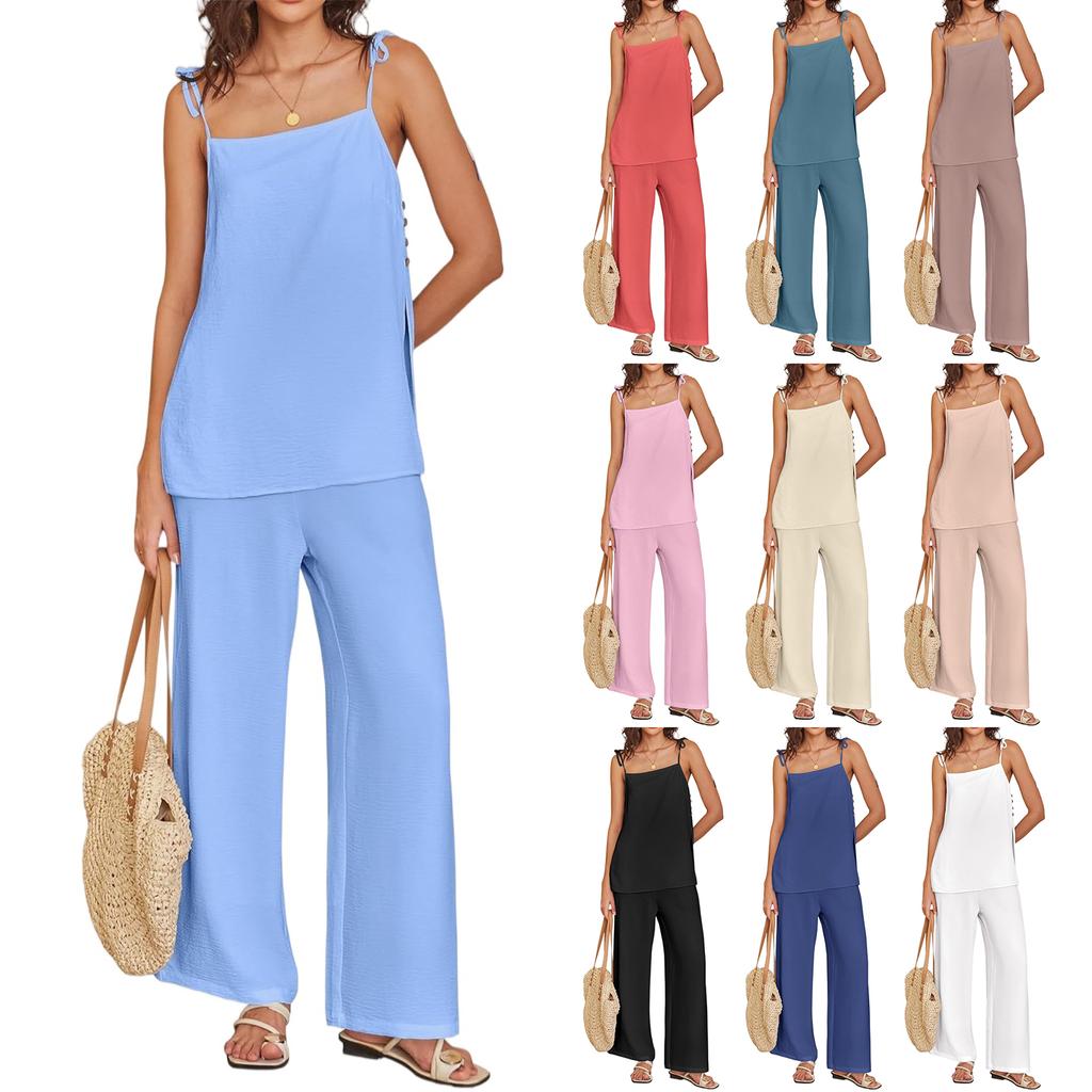 Women's Casual Summer Cotton And Linen Fashion Thin Shoulder Strap Vest Pants Set