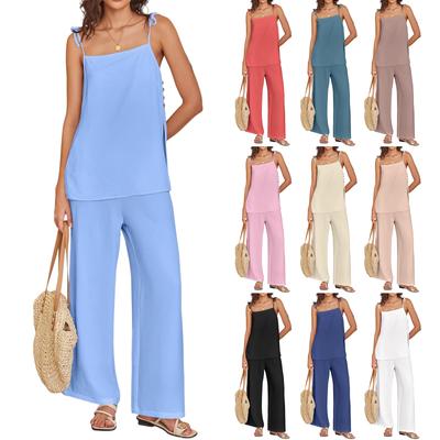 Women's Casual Summer Cotton And Linen Fashion Thin Shoulder Strap Vest Pants Set