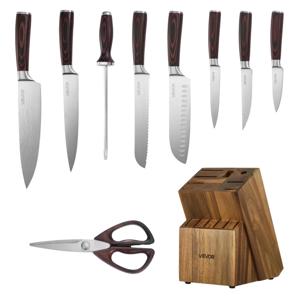 VEVOR Küchenmesser-Set mit Block und Schärfer, 15-teiliges Messer-Set aus hochkohlenstoffhaltigem Edelstahl
