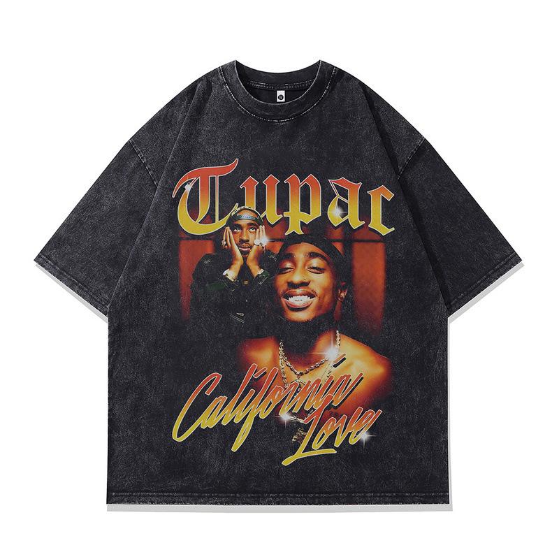 Zoals Mannen Topjes Korte Mouwen Trendy Gewassen Vintage Overhemden Hip-Hop Print T Retro Los XL black