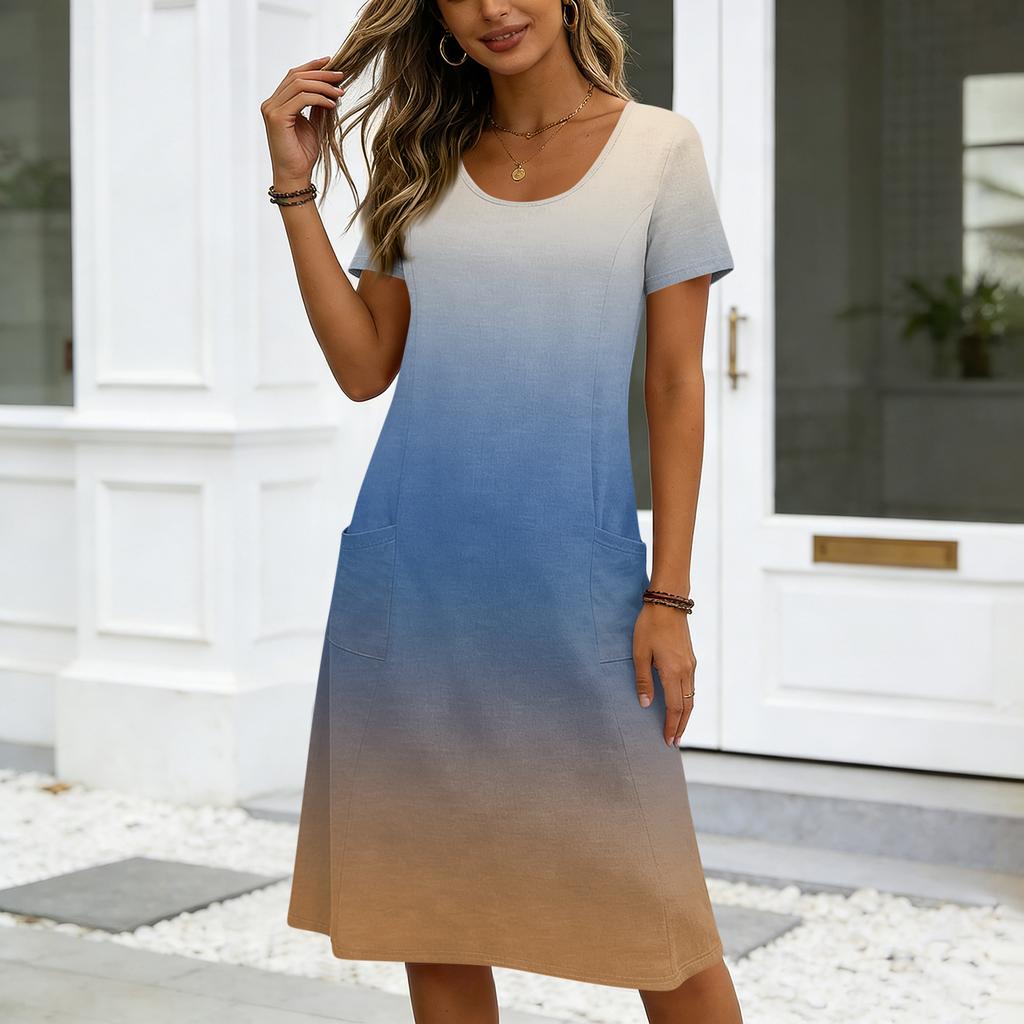 Dames Korte Mouw Gradiënt Print Casual Midi Jurk met Zakken Losse Pasvorm Zachte Stof Ronde Hals Zomerjurk voor Dagelijks Gebruik